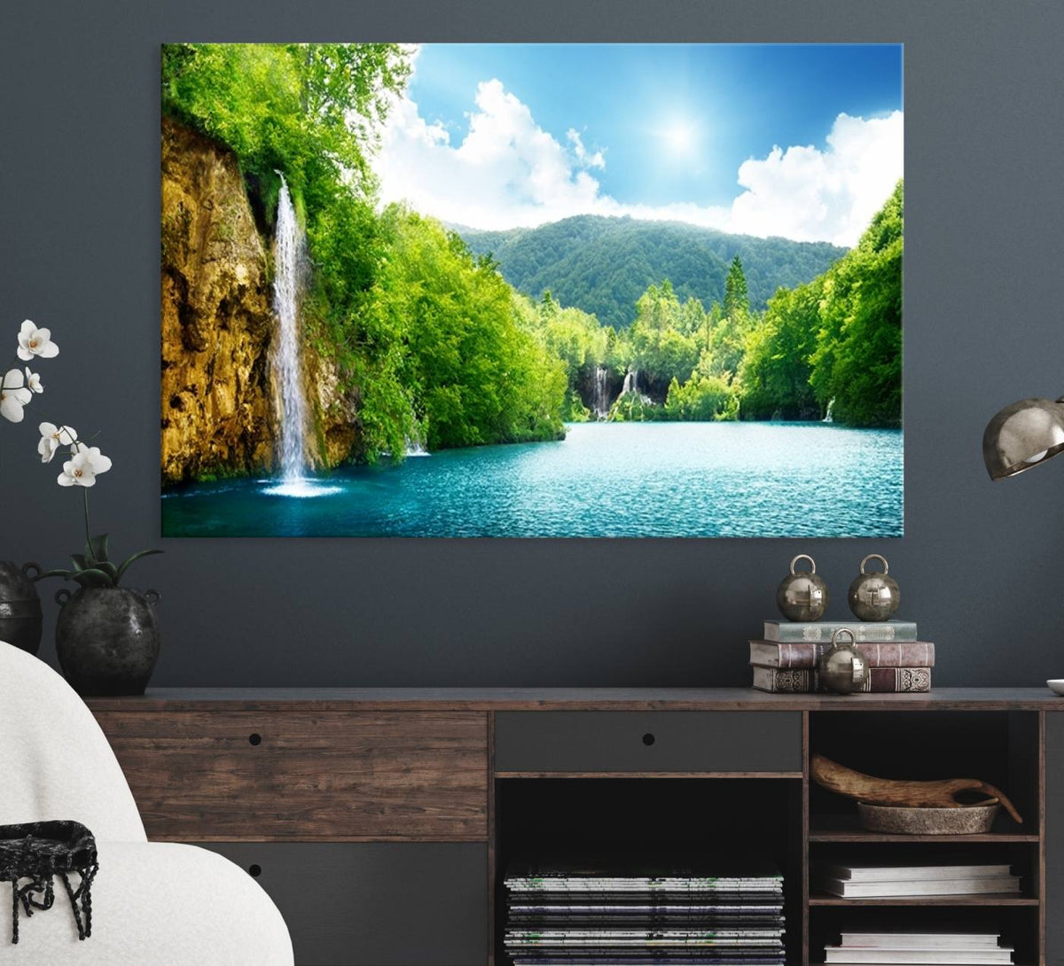 Wall Art Waterfall Canvas Print Big Waterfalls in Forest with Mountain View