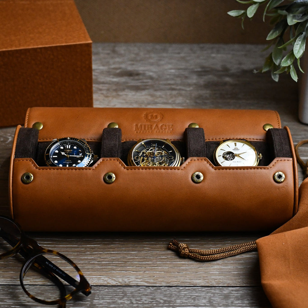 3 Watch Travel Case Full-grain Leather Watch Roll (Tawny Brown)