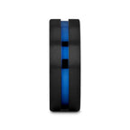 WESTLEY Flat Brushed Finish Black Ceramic Men’s Wedding Ring with Blue Grooved Center - 8mm