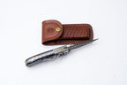 Hand-Engraved Folding Knife with Leather Sheath – Damascus-Inspired Detailing - TF-093