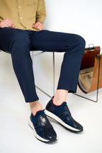 The Aslan Navy Knitted & Leather Men Sneaker