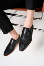 The Rolls  Woven Black Leather Single Monk Strap  Handmade Men Shoe