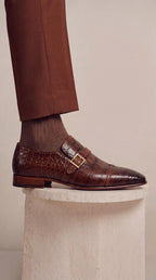 The Strat Single Monk Strap Cap Toe Brown Leather Handmade Men Shoe