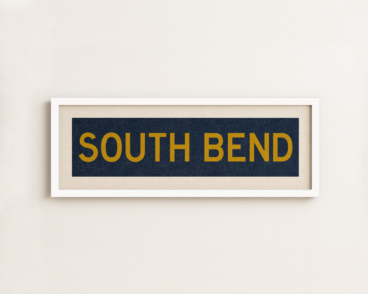 Framed South Bend Navy and Gold Bus Scroll