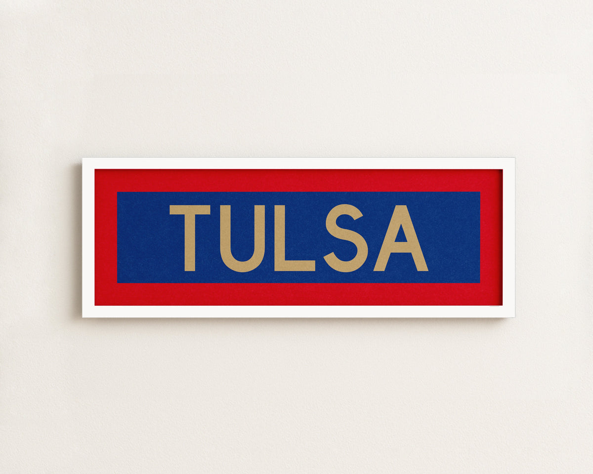 Framed Tulsa Red Blue and Gold Bus Scroll