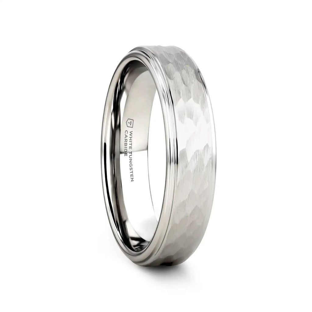 WINSTON White Tungsten Ring with Raised Hammered Finish and Polished Step Edges - 4mm - 10mm