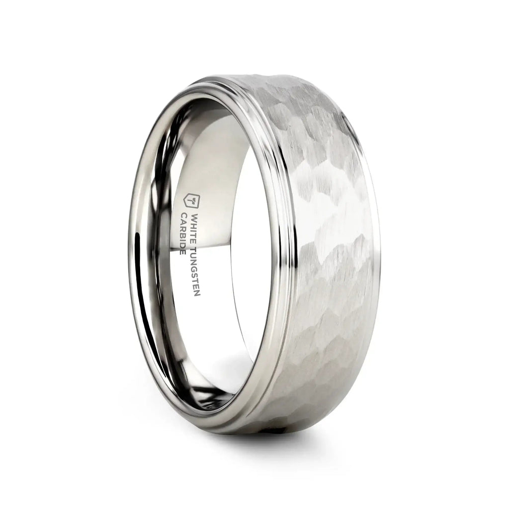 WINSTON White Tungsten Ring with Raised Hammered Finish and Polished Step Edges - 4mm - 10mm