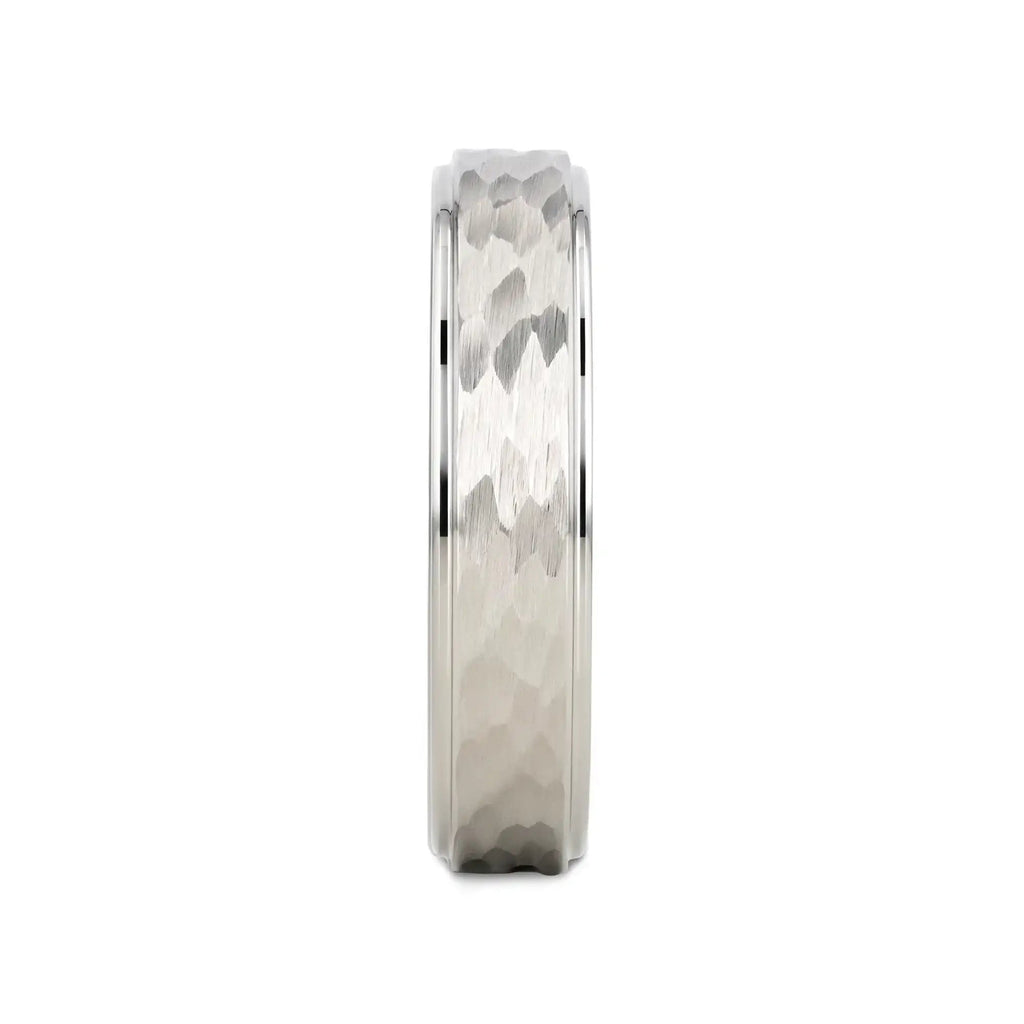 WINSTON White Tungsten Ring with Raised Hammered Finish and Polished Step Edges - 4mm - 10mm