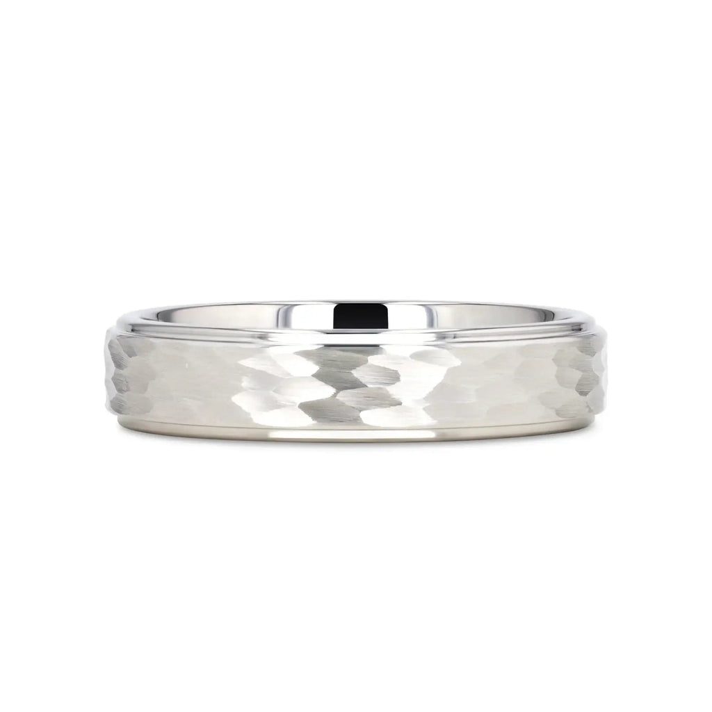 WINSTON White Tungsten Ring with Raised Hammered Finish and Polished Step Edges - 4mm - 10mm