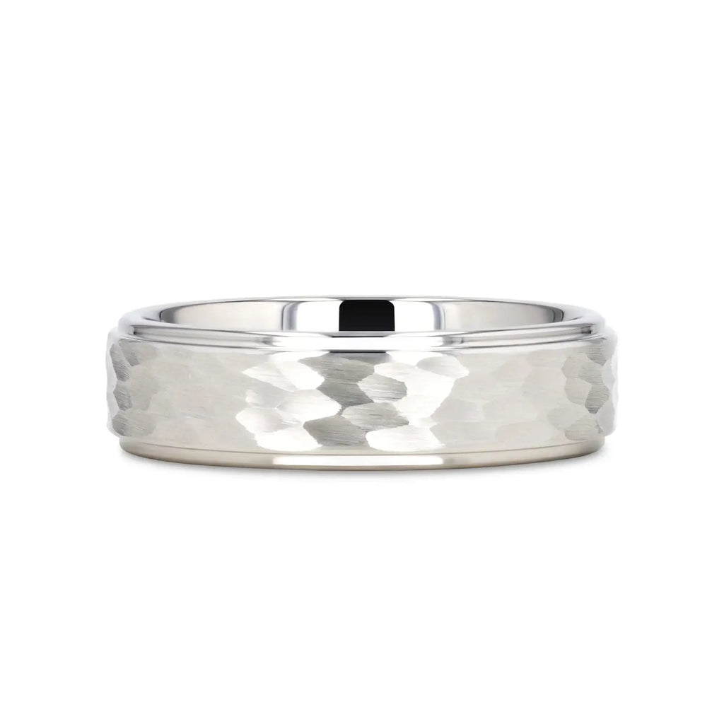 WINSTON White Tungsten Ring with Raised Hammered Finish and Polished Step Edges - 4mm - 10mm