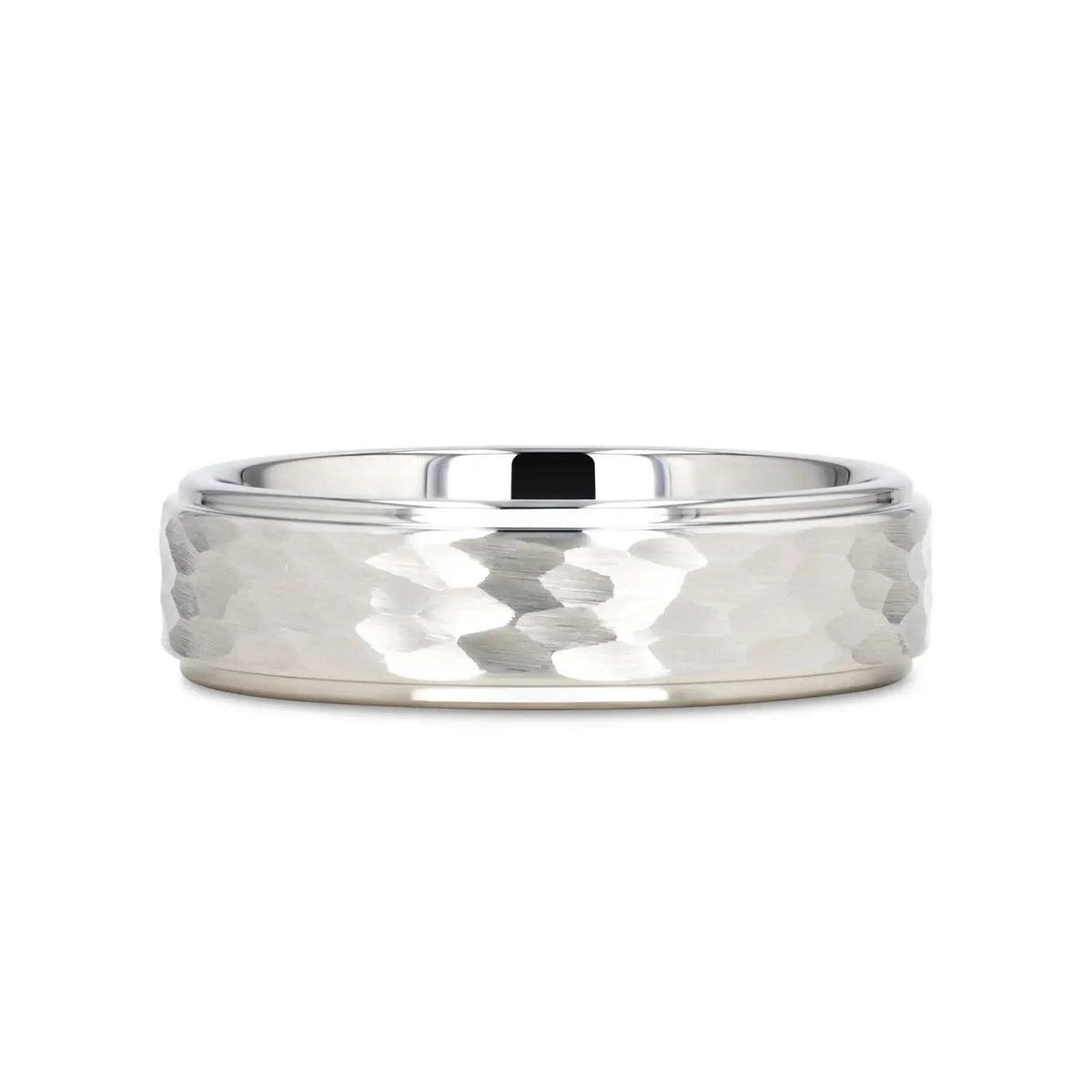 WINSTON White Tungsten Ring with Raised Hammered Finish and Polished Step Edges - 4mm - 10mm