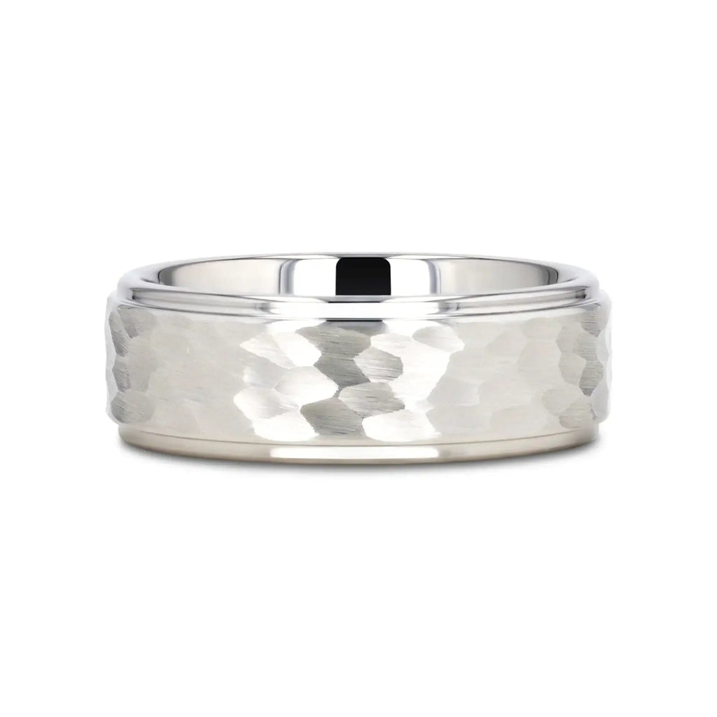 WINSTON White Tungsten Ring with Raised Hammered Finish and Polished Step Edges - 4mm - 10mm
