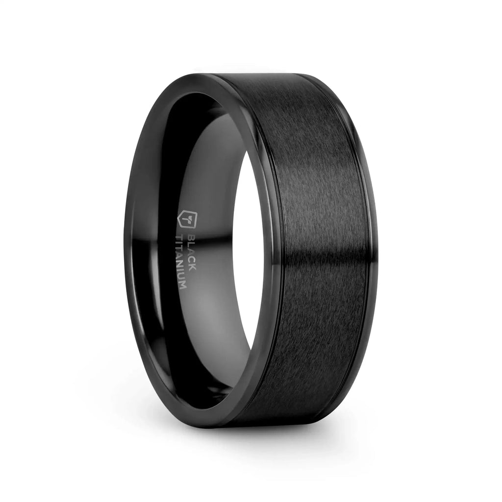 WOLFGANG Black Titanium Brushed Finish Men’s Wedding Ring with Polished Dual Offset Grooves – 6mm & 8mm