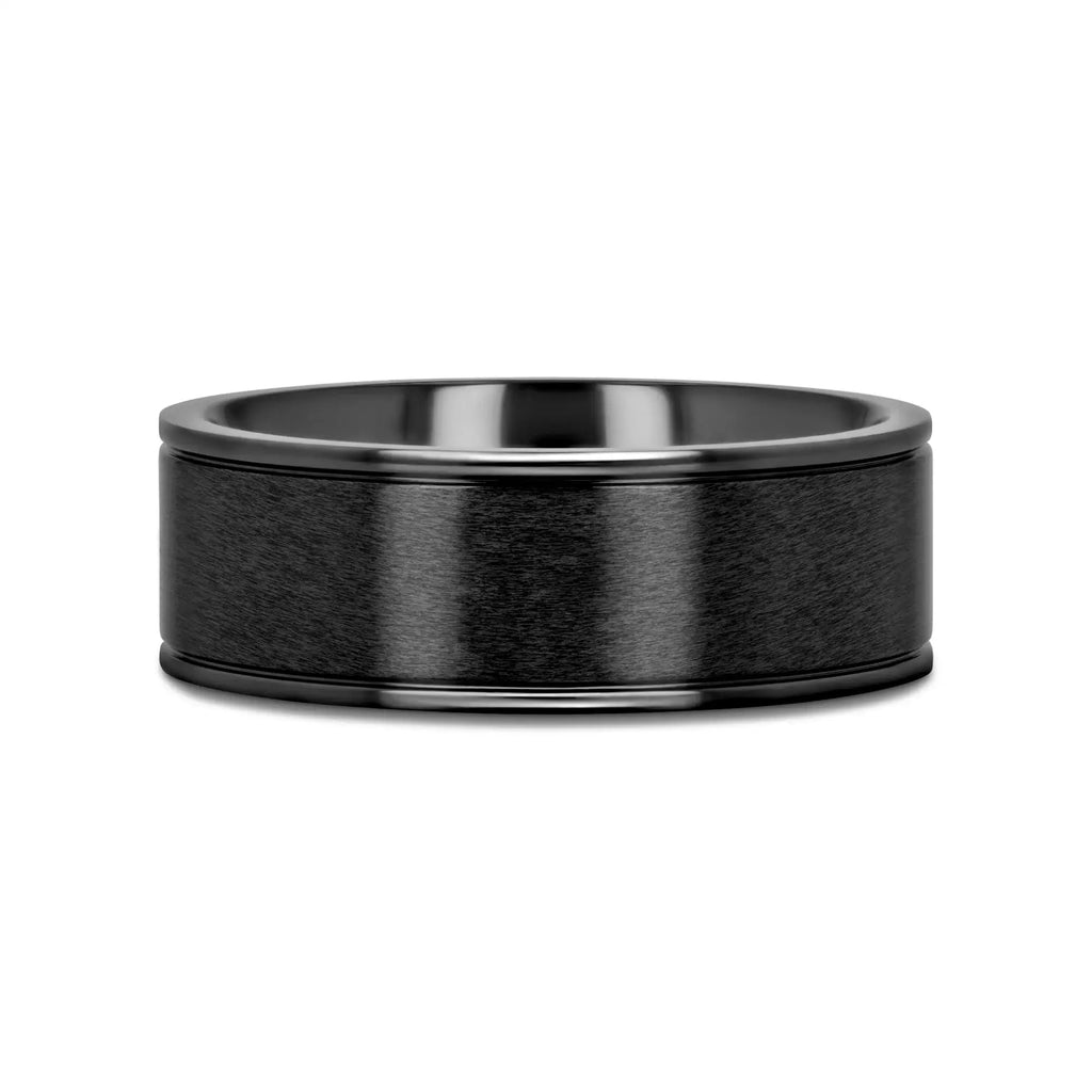 WOLFGANG Black Titanium Brushed Finish Men’s Wedding Ring with Polished Dual Offset Grooves – 6mm & 8mm