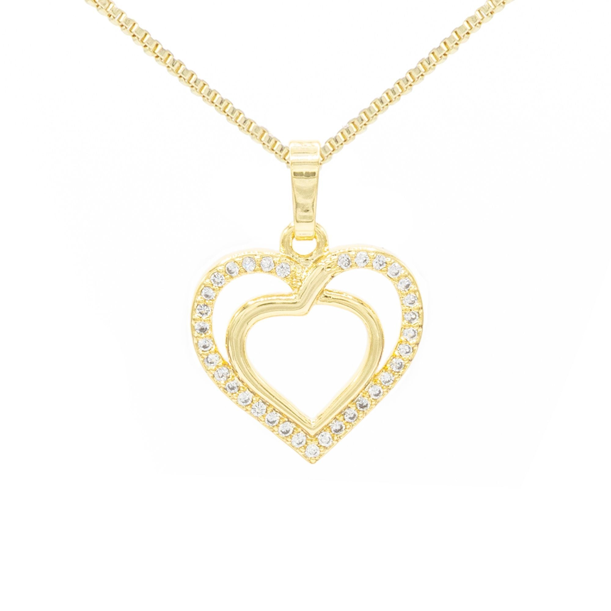 Cubic Zirconia 14K Gold Filled Twofold Heart Pendant Necklace Set