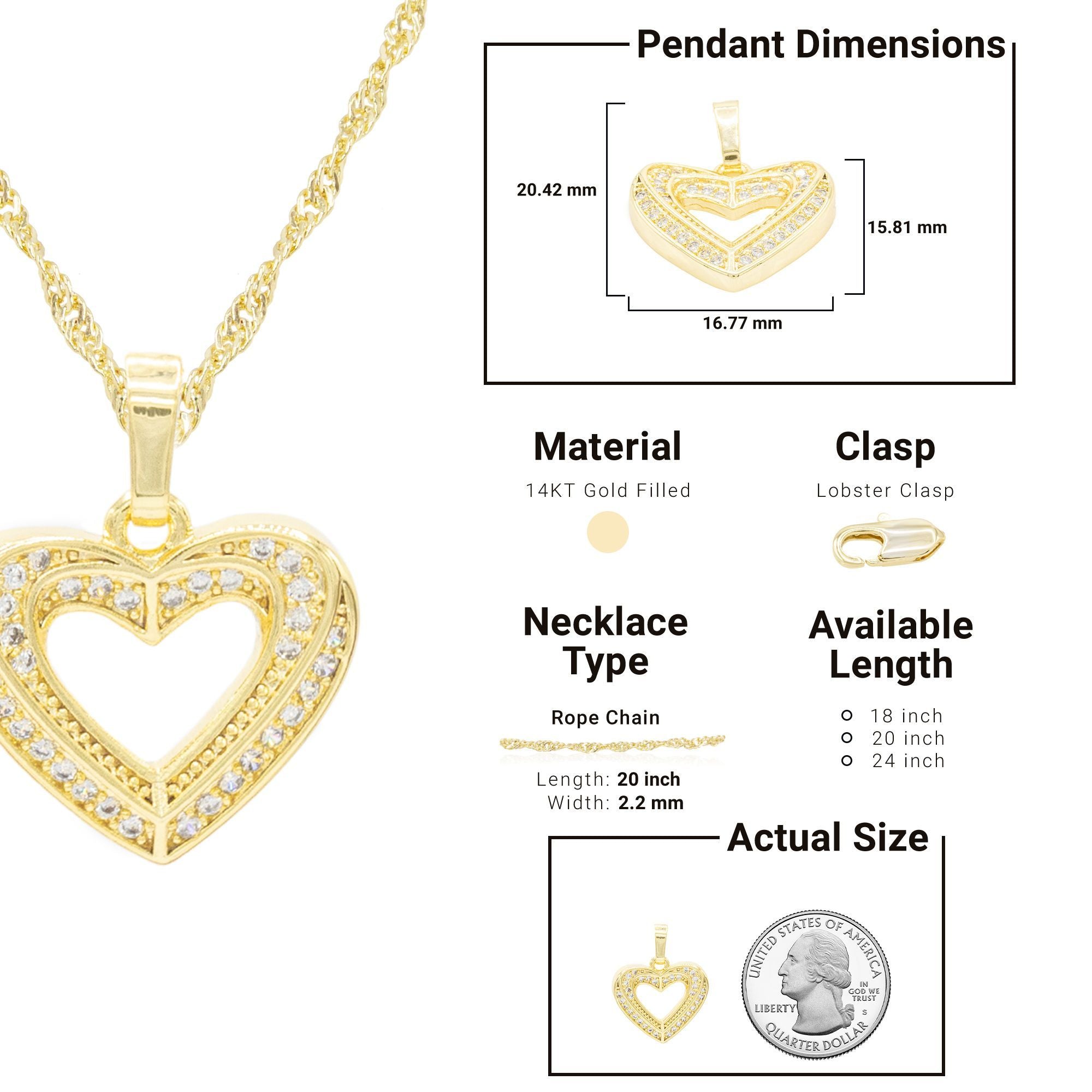 Cubic Zirconia 14K Gold Filled Double Layered Heart Pendant Necklace Set