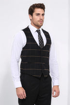 Checked V Neck Black Vest - Wessi