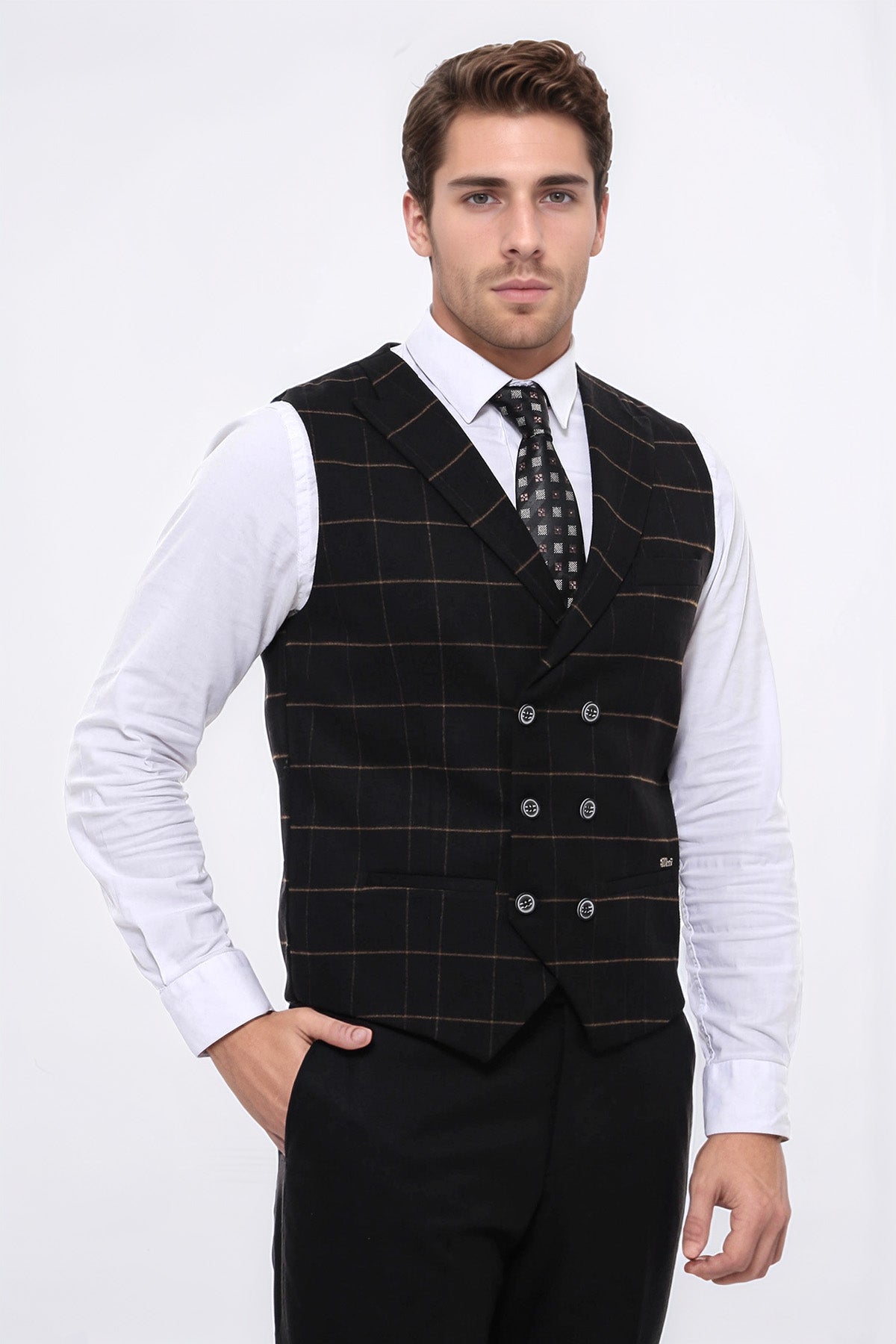 Double Breasted Plaid Black Men Vest - Wessi