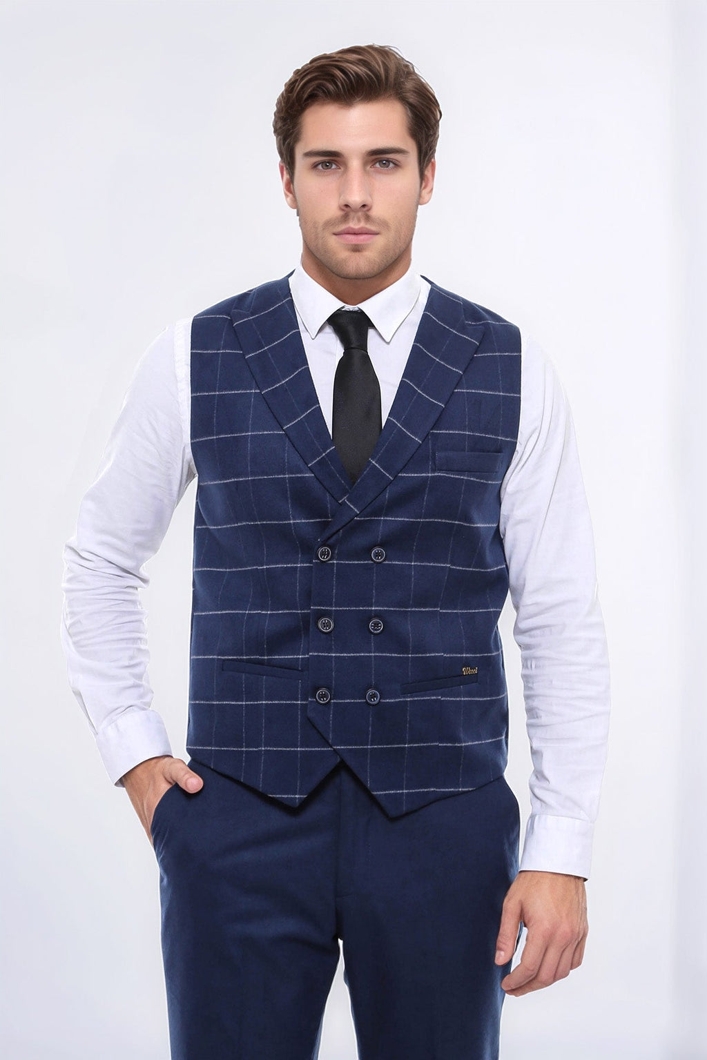 Double Breasted Plaid Blue Men Vest - Wessi