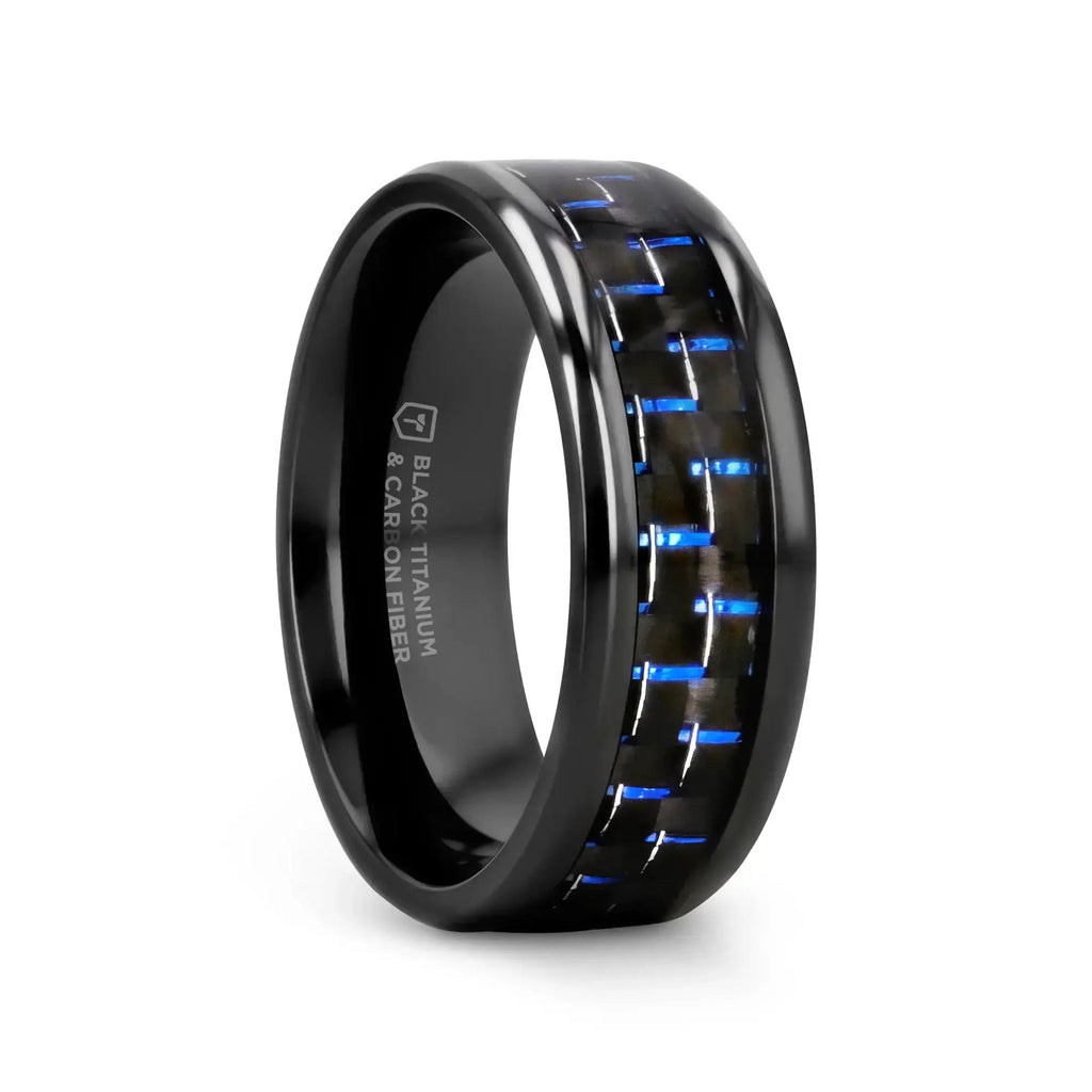 ZAYDEN Black Titanium Ring with Blue & Black Carbon Fiber Inlay and Bevels - 8mm