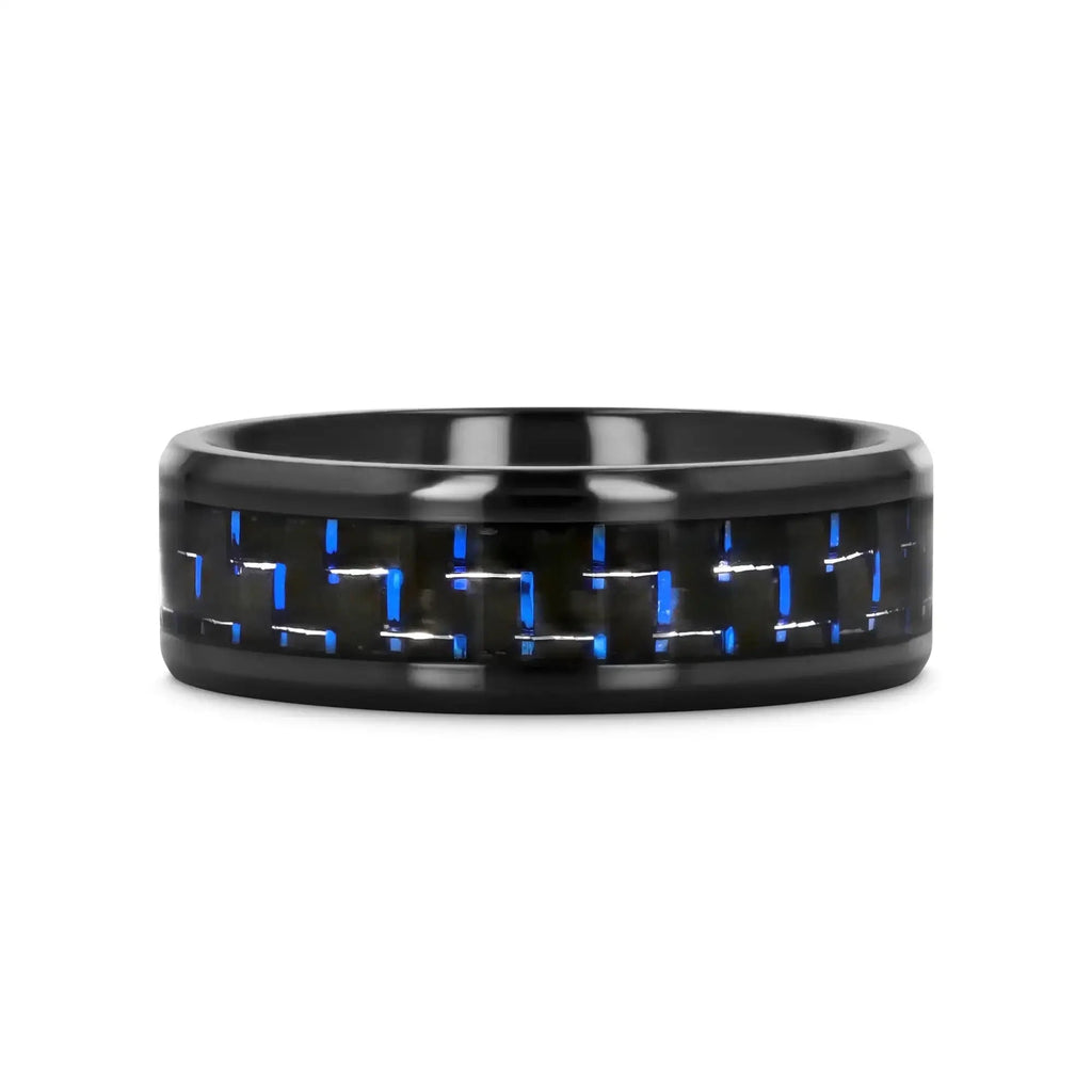 ZAYDEN Black Titanium Ring with Blue & Black Carbon Fiber Inlay and Bevels - 8mm
