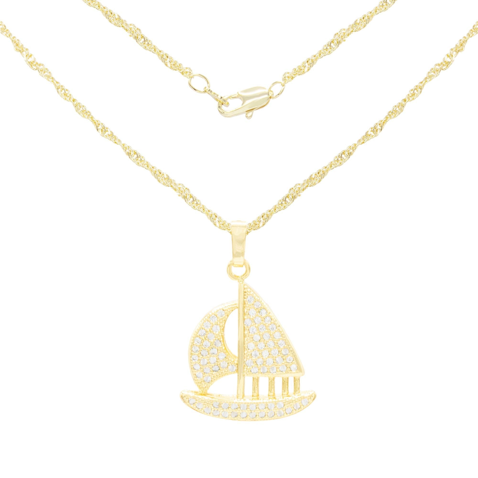 Cubic Zirconia Sail Boat Pendant 14K Gold Filled Necklace Set