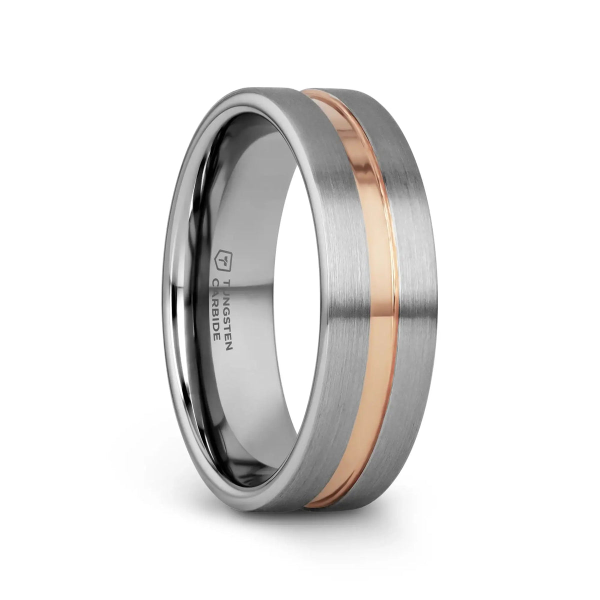 ZEUS Flat Brushed Tungsten Carbide Ring with Rose Gold-Plated Groove (4mm–10mm)