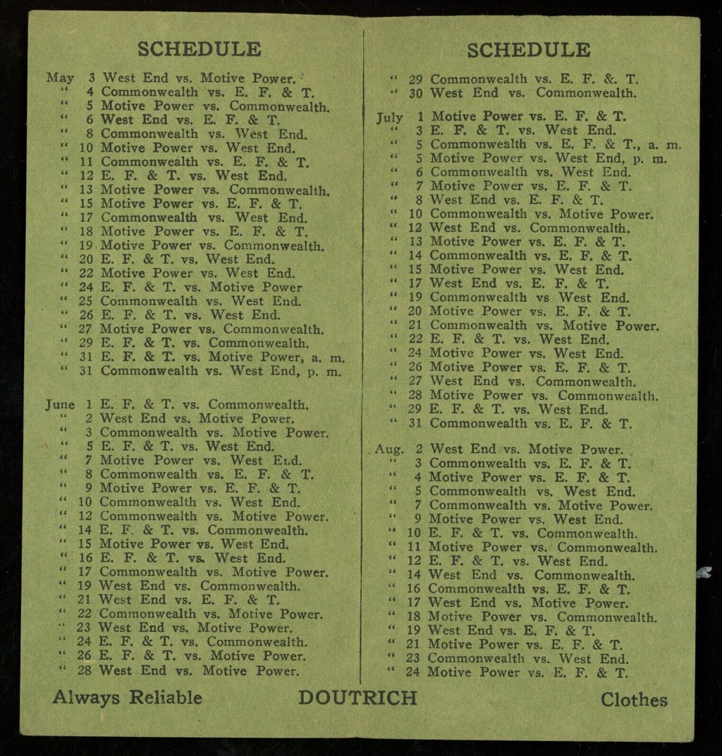 Doutrichs 1920 West End Twilight Base Ball League 2.5x5 Pocket Schedule
