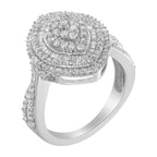 .925 Sterling Silver 1.0 Cttw Round & Baguette-Cut Diamond Marquise-Shaped Cluster Triple Stepped Halo Cocktail Fashion Ring (I-J Color, I2-I3 Clarity) - Size 7