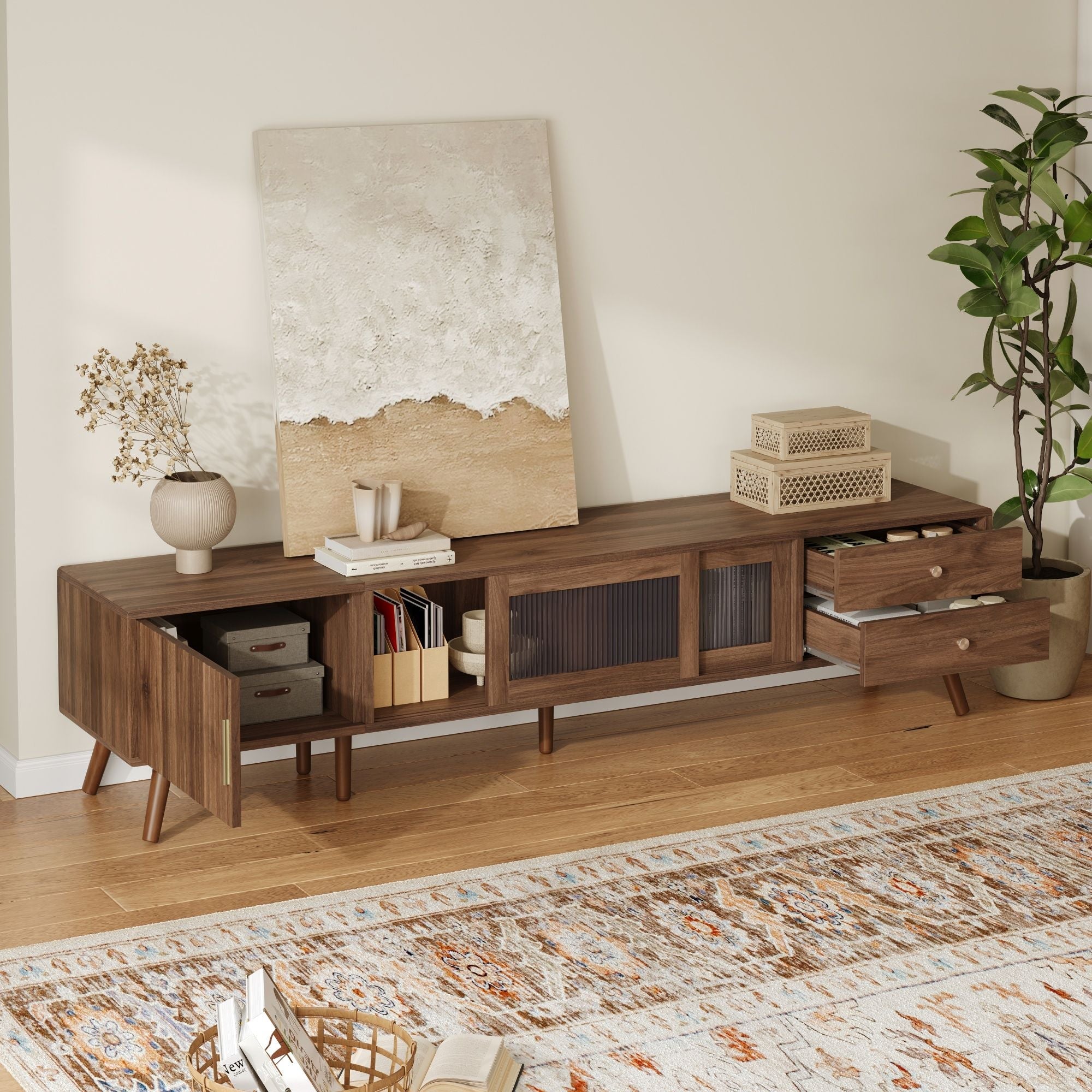 Doors TV Stand For TVs Up To 85", With Storage Cabinets - Natural