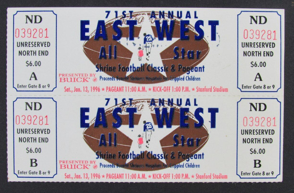 1996 East West Shrine Game (2) Full Tickets Stanford Stadium 1/13/96 M. Harrison
