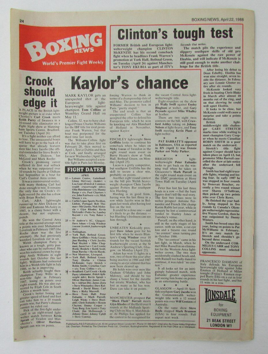 April 22, 1988 Boxing News Magazine Marlon Starling vs. Mark Breland