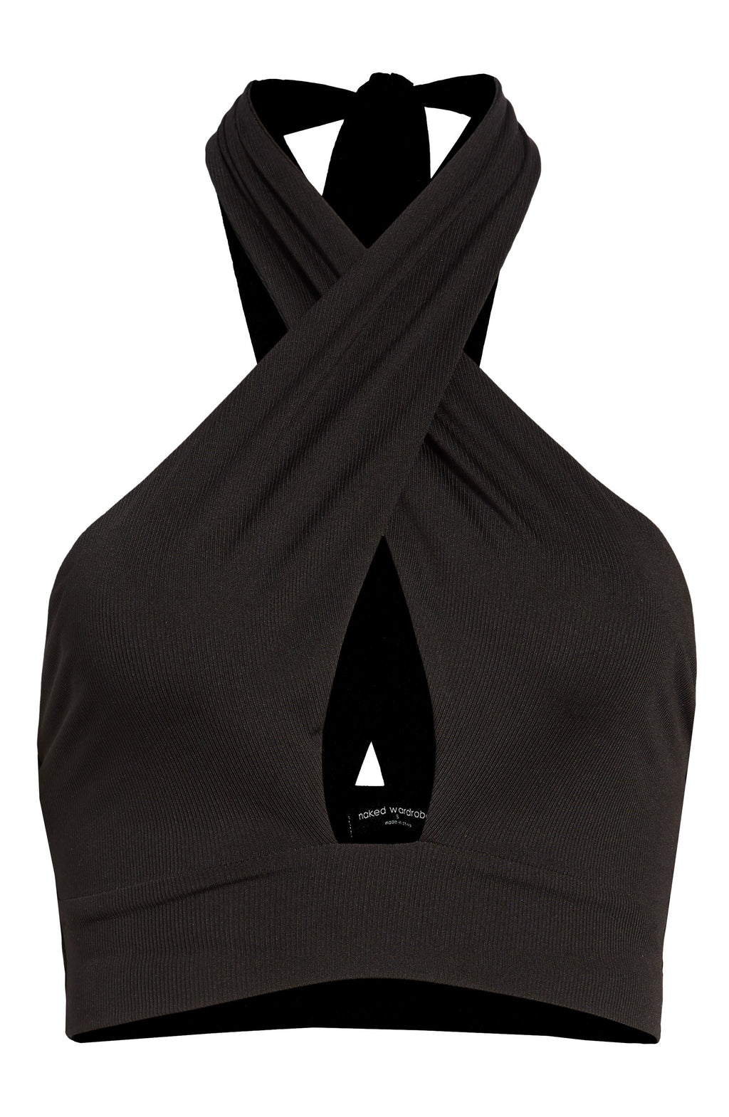 Naked Wardrobe Crossover Halter Crop Top in Black, Size Medium