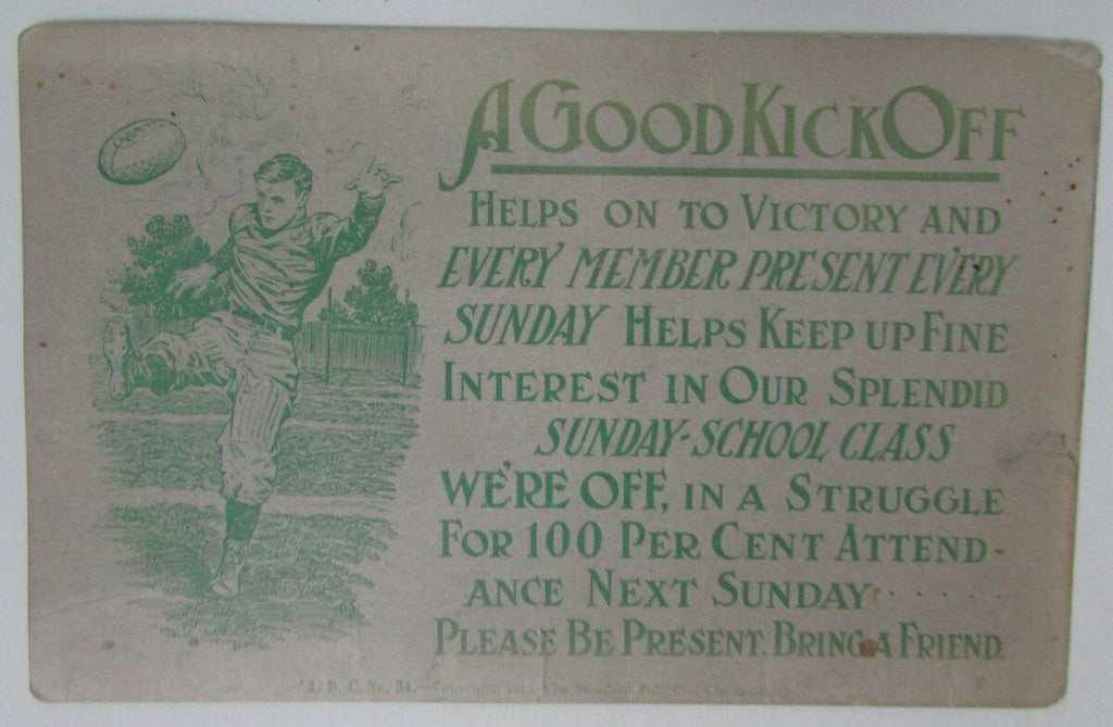 Vintage 1915 A Good Kickoff Sunday School Class Attendance Postcard 148865