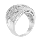 .925 Sterling Silver 1.0 Cttw Channel Set Alternating Round and Baguette Diamond Cross-over Bypass Ring Band (I-J Color, I2-I3 Clarity) - Size 7