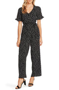 CeCe Sportswear Women's Short Sleeve V-Neck Ditsy Etching Belted Jumpsuit, Rich Black, 14