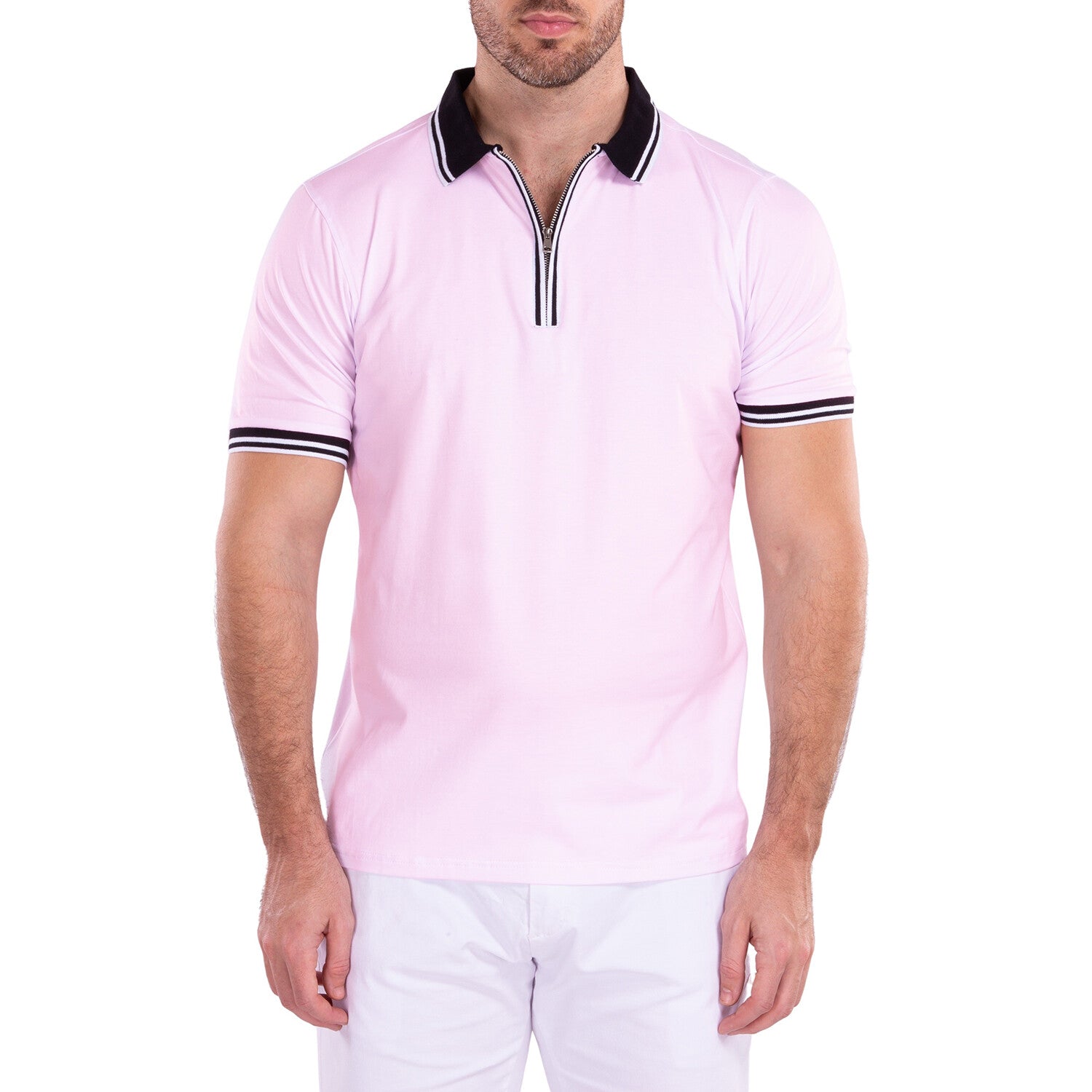 Zipper Short Sleeve Polo Shirt // Pink