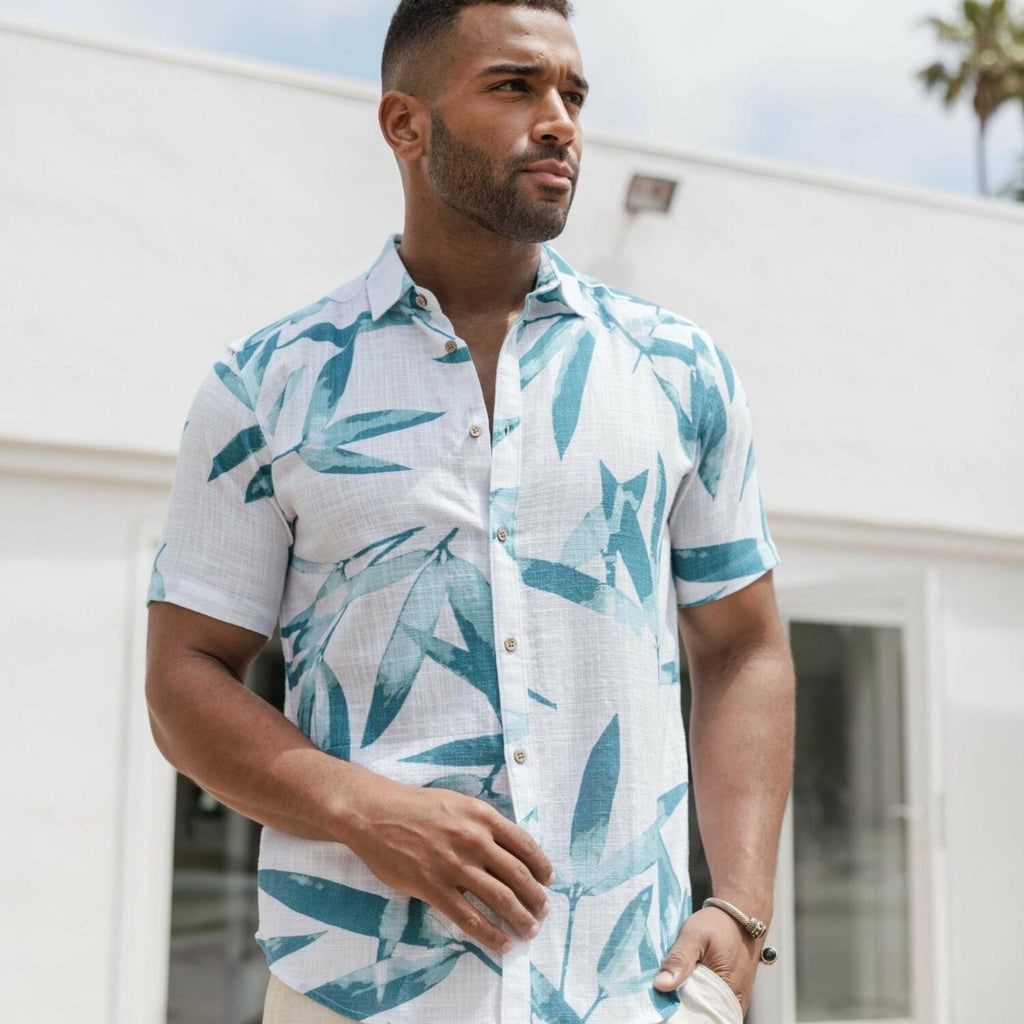 Men's Resort Style Casual Linen Blend Colorful Tropical Leaf Print Shirt