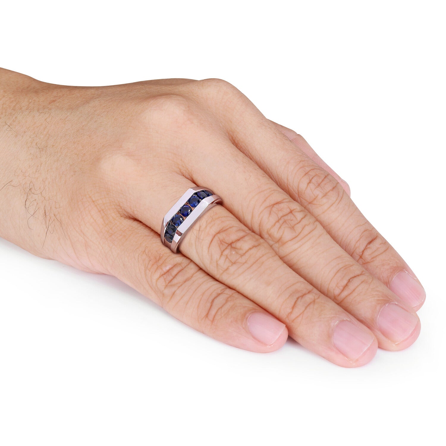 1 1/4 ct TGW Created Blue Sapphire Channel Signet Ring // Sterling Silver