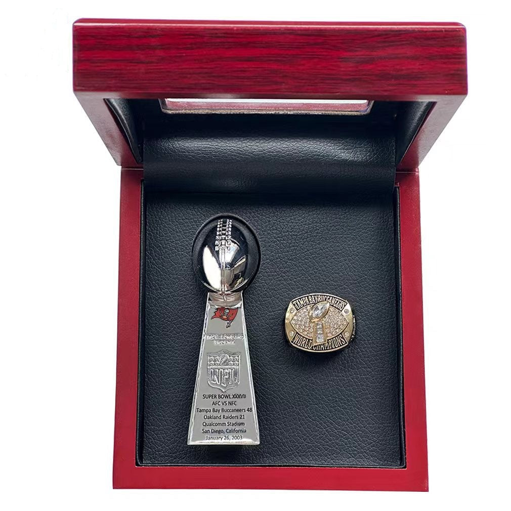 Tampa Bay Buccaneers Championship Ring & Trophy Set – 2003 & 2021 Collectible with Display Box