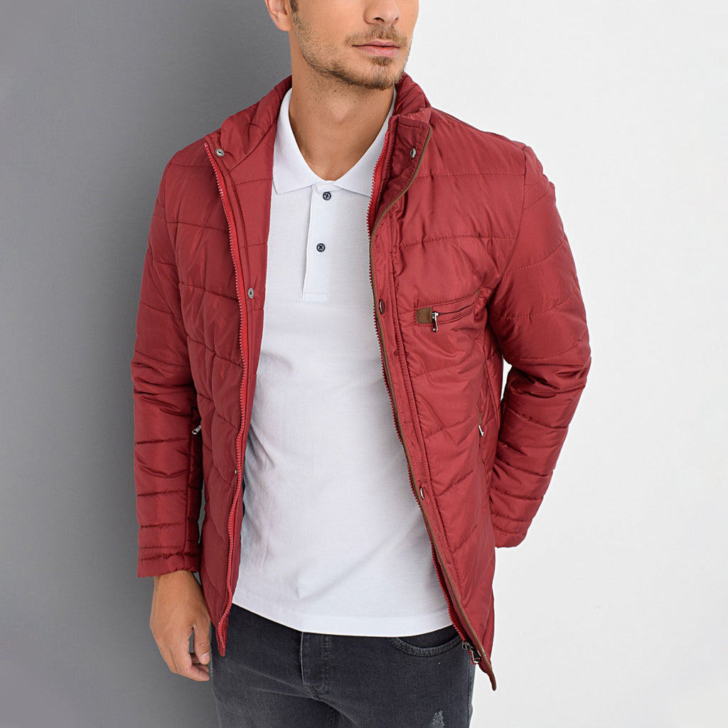 Mock Neck Striped Quilted Jacket // Burgundy