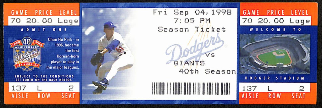 Barry Bonds Sets NL Record 15x Reaching Base Full Ticket Giants 9/4/1998 187536