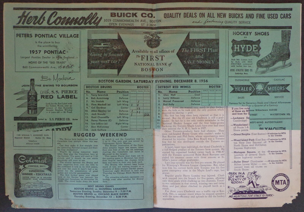 1956 Sport Hockey News Bruins vs. Red WingsHockey Game Program DAMAGED 179509
