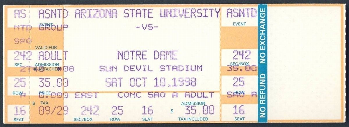 1998 Notre Dame vs. Arizona State University ASU Full Unused Ticket 128326