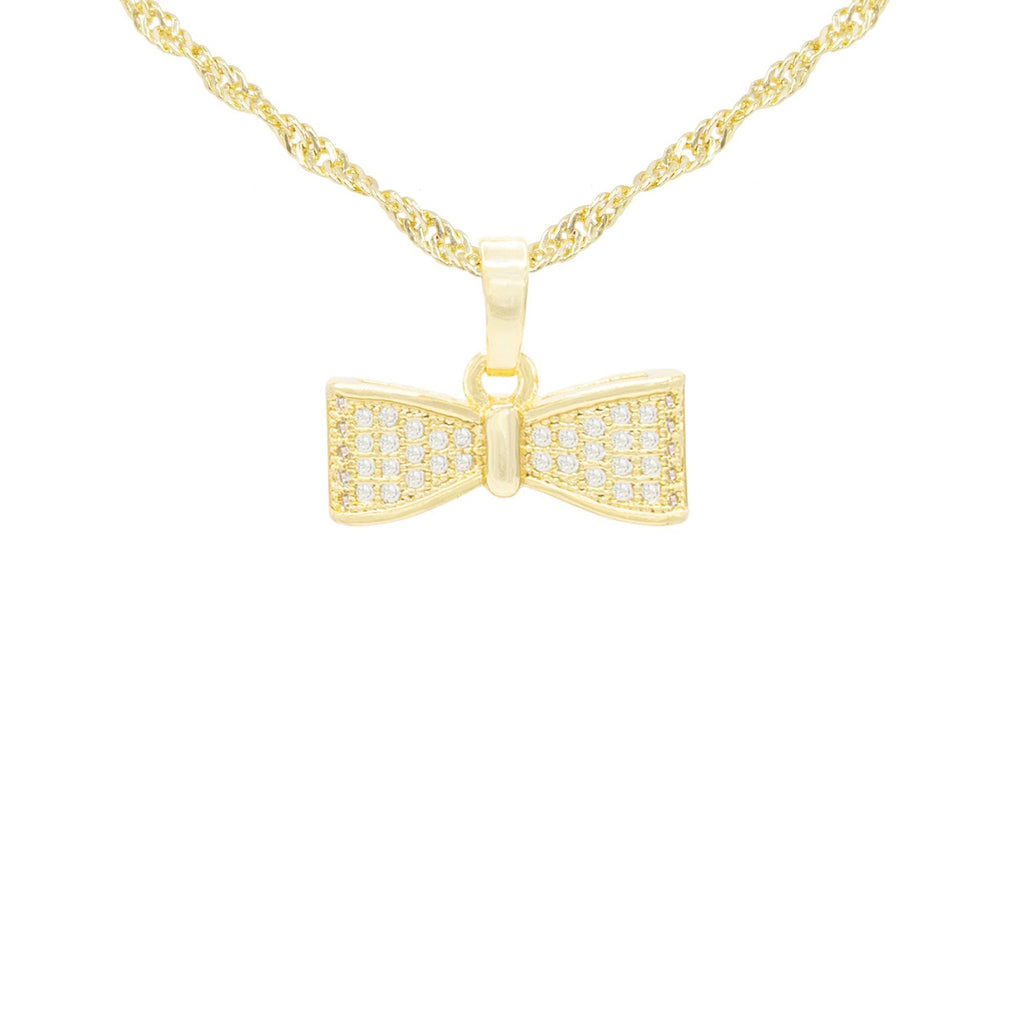 Cubic Zirconia Bow Tie Pendant 14K Gold Filled Necklace Set