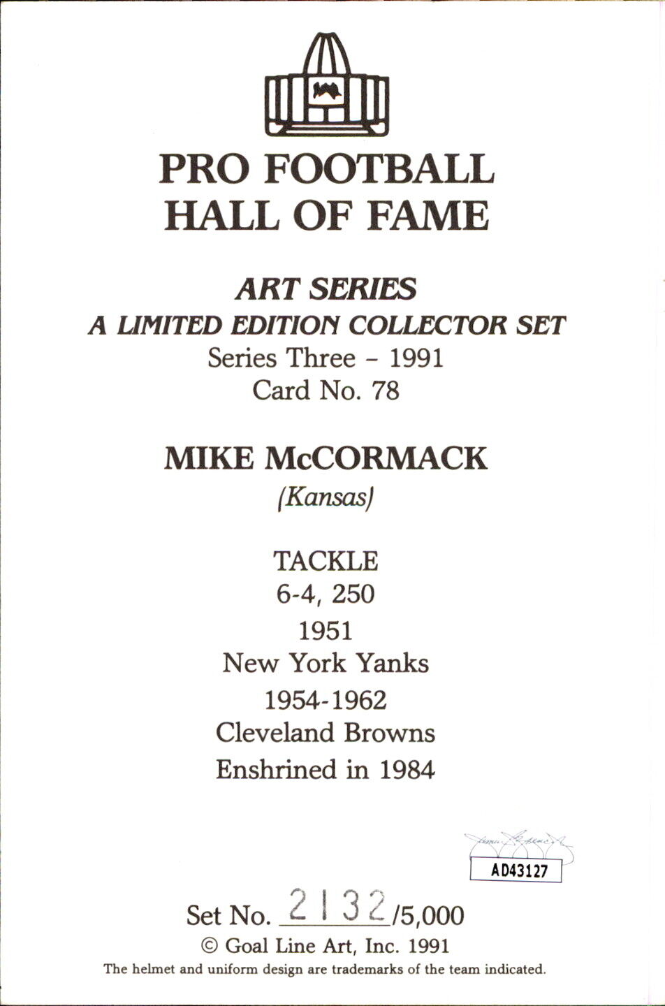 Mike McCormack HOF Autographed Goal Line Art GLAC Postcard Browns JSA