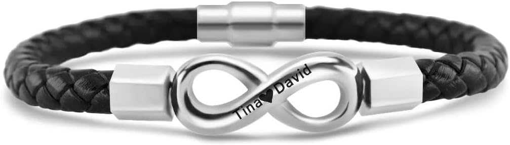 Personalized Leather Infinity Bracelet – Custom Engraved Braided Wristband Gift