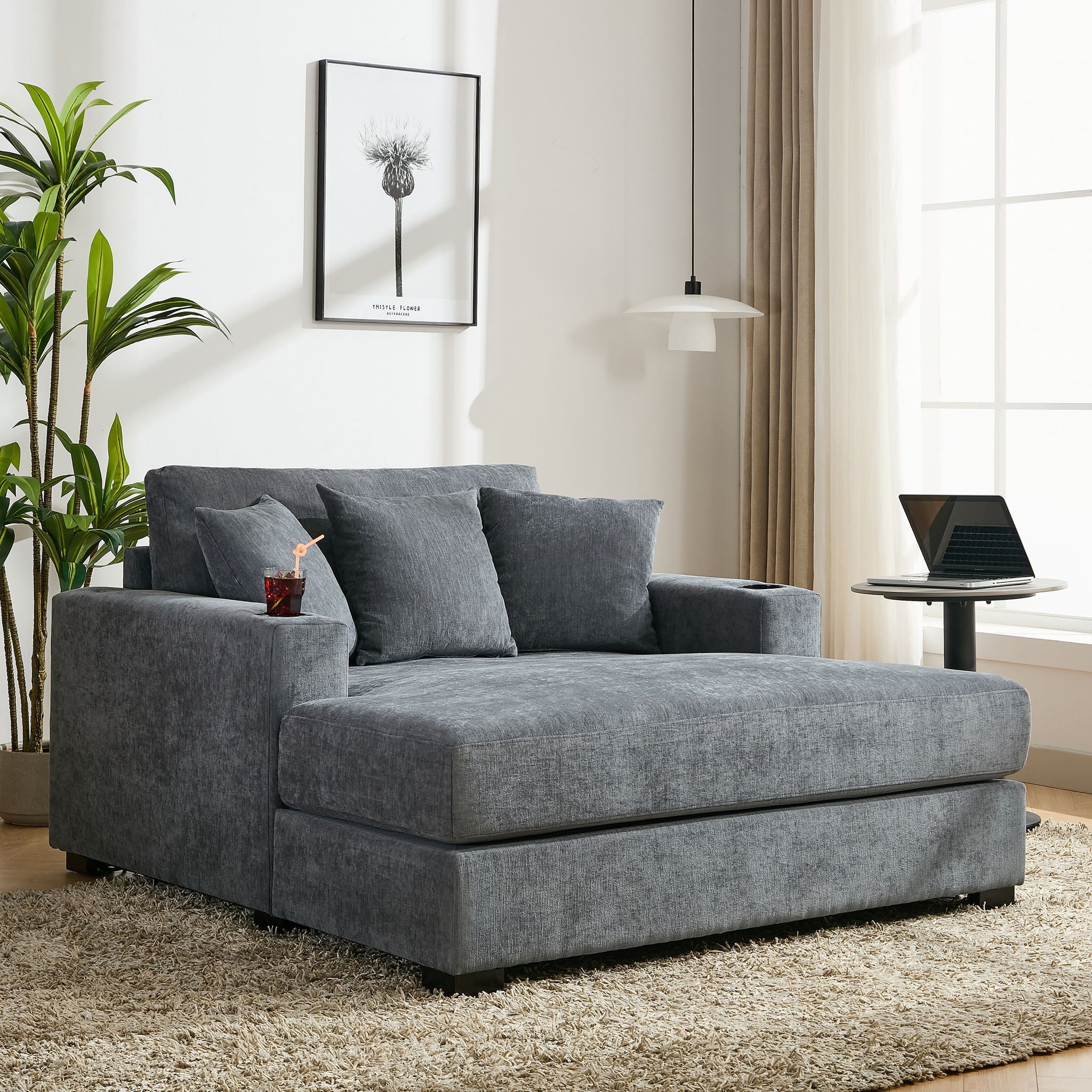 Oversized Chaise Lounger, With Pillows, Cup Holders