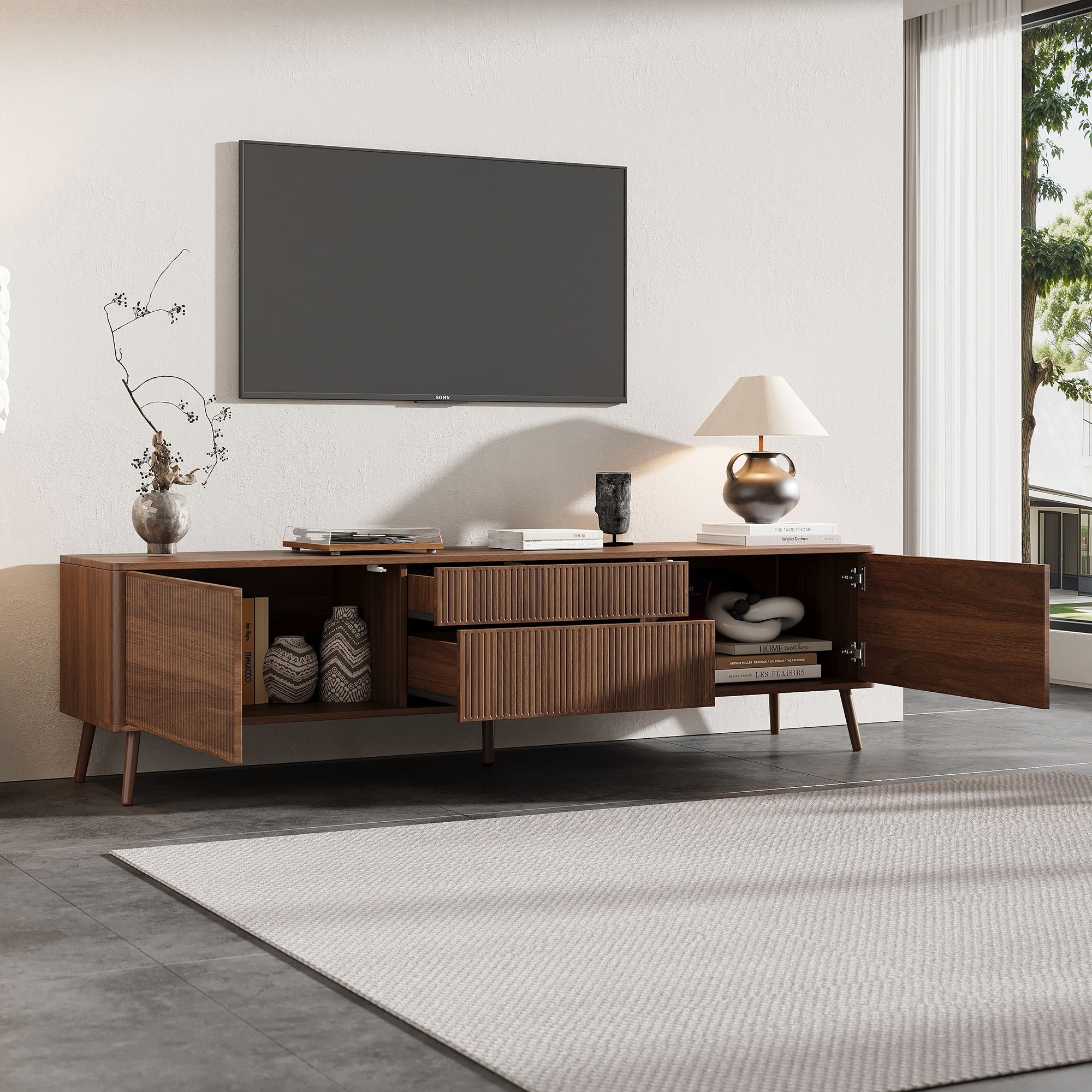 Fluted TV Stand With Storage Drawers And Cabinets For TVs Up - Walnut