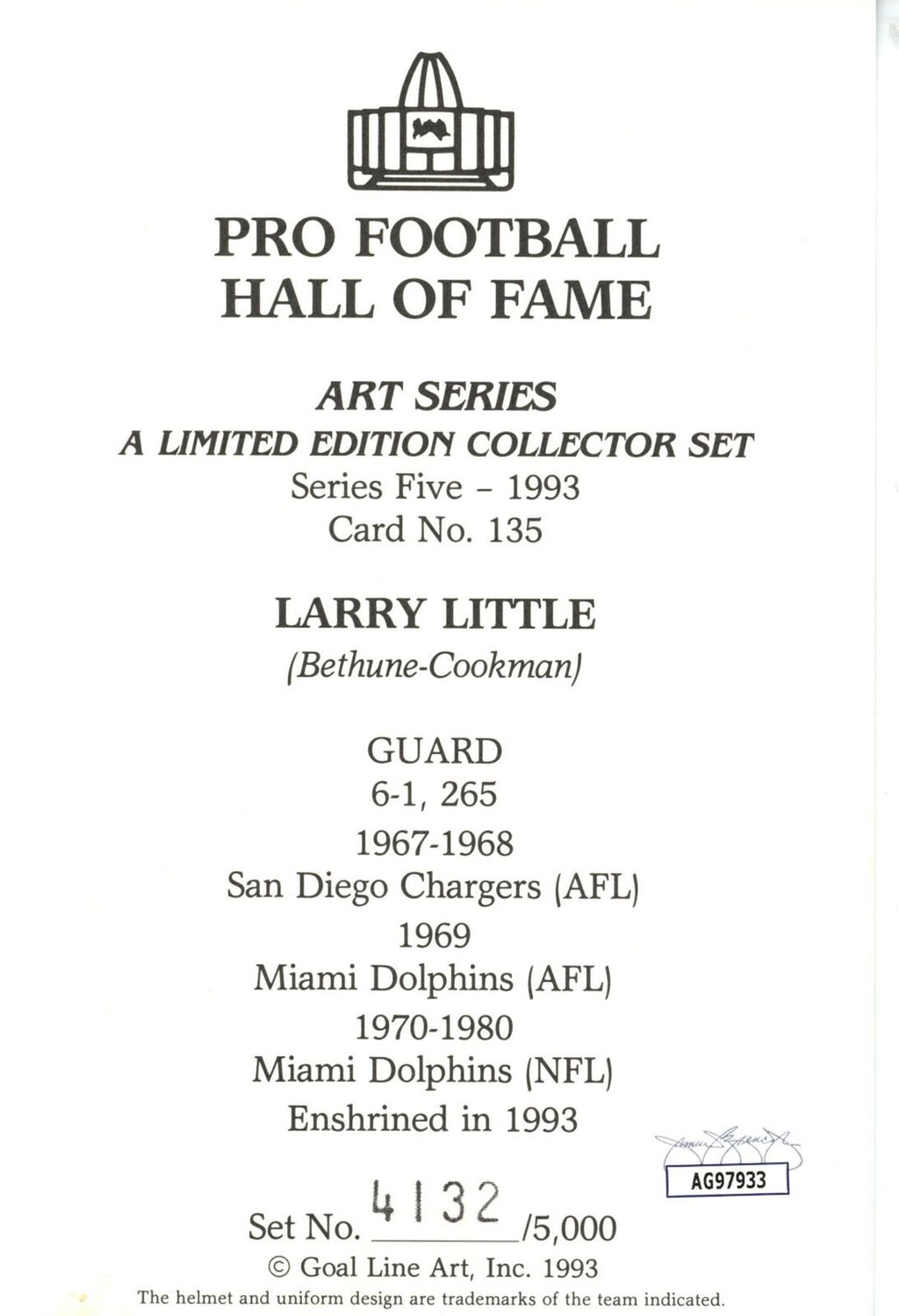Larry Little HOF Autographed/Inscr Goal Line Art GLAC Postcard Dolphins JSA
